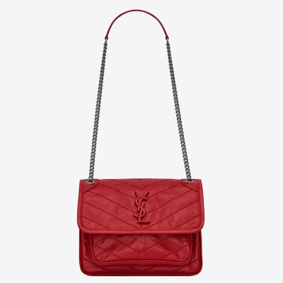 Saint Laurent Baby Niki Chain Bag In Red Crinkled Leather YSLBS81227