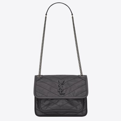 Saint Laurent Baby Niki Chain Bag In Storm Gray Crinkled Leather YSLBS81228