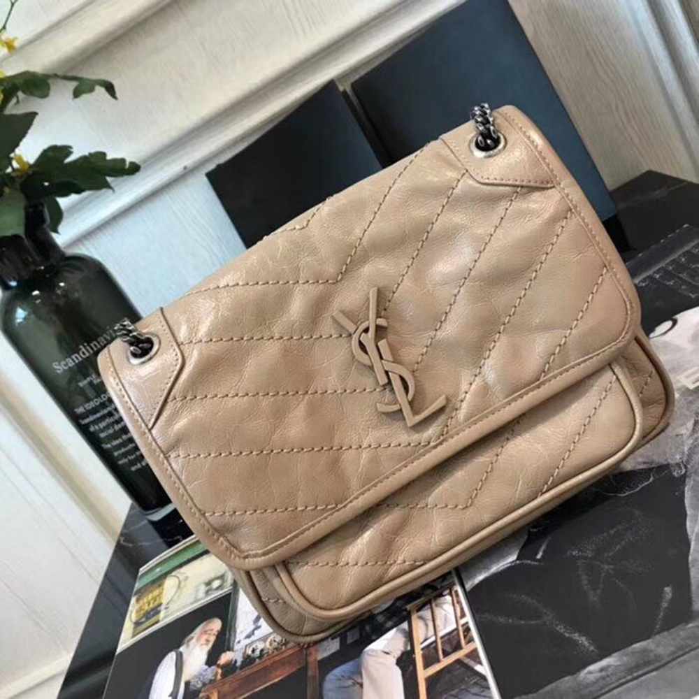 Saint Laurent Baby Niki Chain Bag In Taupe Crinkled Leather YSLBS81229