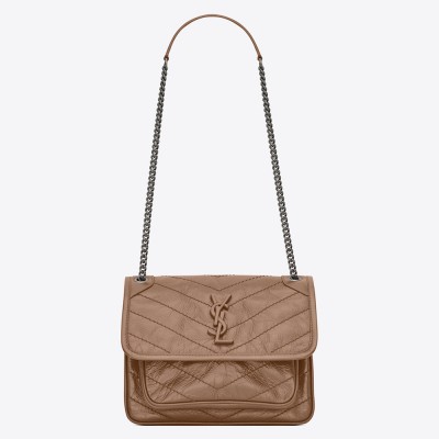 Saint Laurent Baby Niki Chain Bag In Taupe Crinkled Leather YSLBS81229