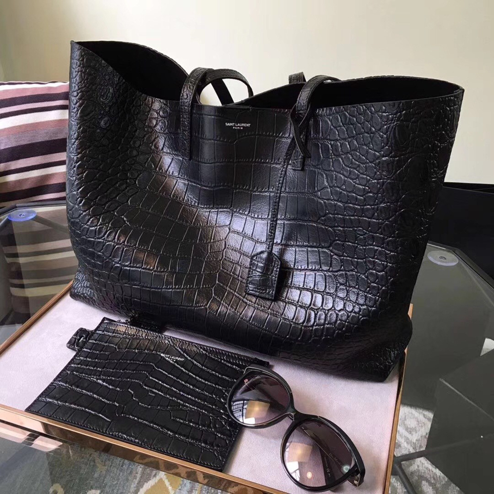 Saint Laurent Black Crocodile Embossed Shopping Tote YSLBS81372