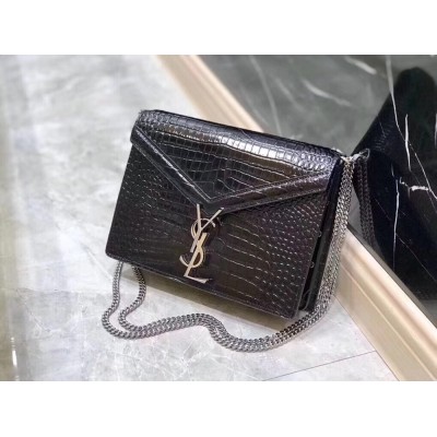 Saint Laurent Cassandra Clasp Bag In Black Croc-Embossed Leather YSLBS81040