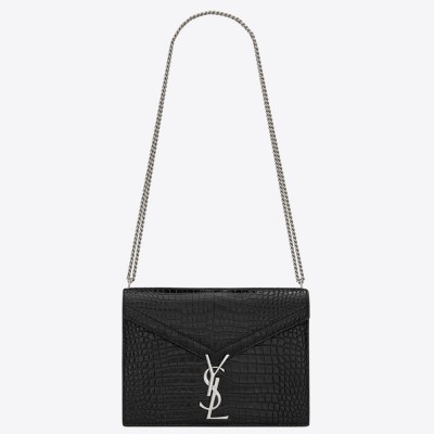 Saint Laurent Cassandra Clasp Bag In Black Croc-Embossed Leather YSLBS81040