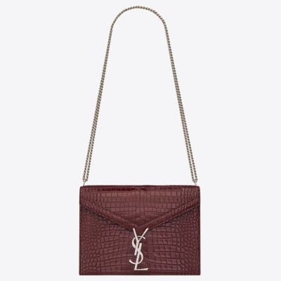 Saint Laurent Cassandra Clasp Bag In Bordeaux Croc-Embossed Leather YSLBS81043