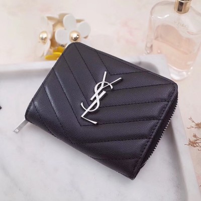 Saint Laurent Compact Zip Around Wallet In Noir Leather YSLBS81424