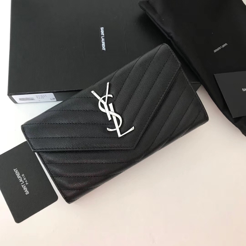 Saint Laurent Large Monogram Flap Wallet In Noir Grained Leather YSLBS81426