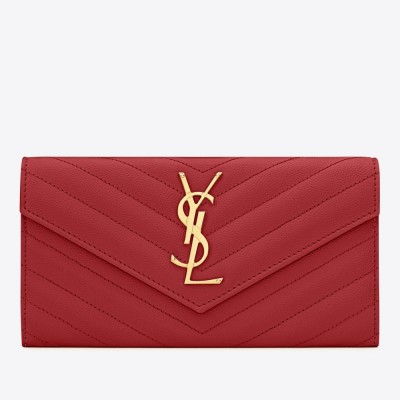 Saint Laurent Large Monogram Flap Wallet In Red Grained Leather YSLBS81427