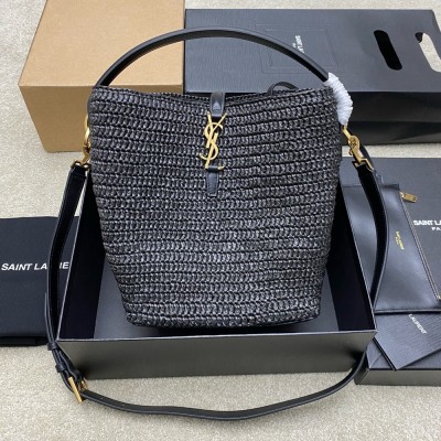 Saint Laurent Le 37 Bucket Bag in Black Woven Raffia YSLBS81034