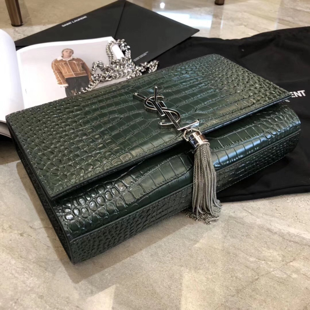 Saint Laurent Medium Kate Bag With Tassel In Dark Green Croc-Embossed Leather YSLBS81139