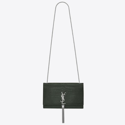 Saint Laurent Medium Kate Bag With Tassel In Dark Green Croc-Embossed Leather YSLBS81139