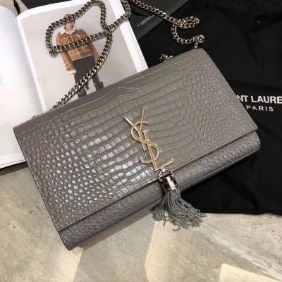 Saint Laurent Medium Kate Bag With Tassel In Storm Croc-Embossed Leather YSLBS81145