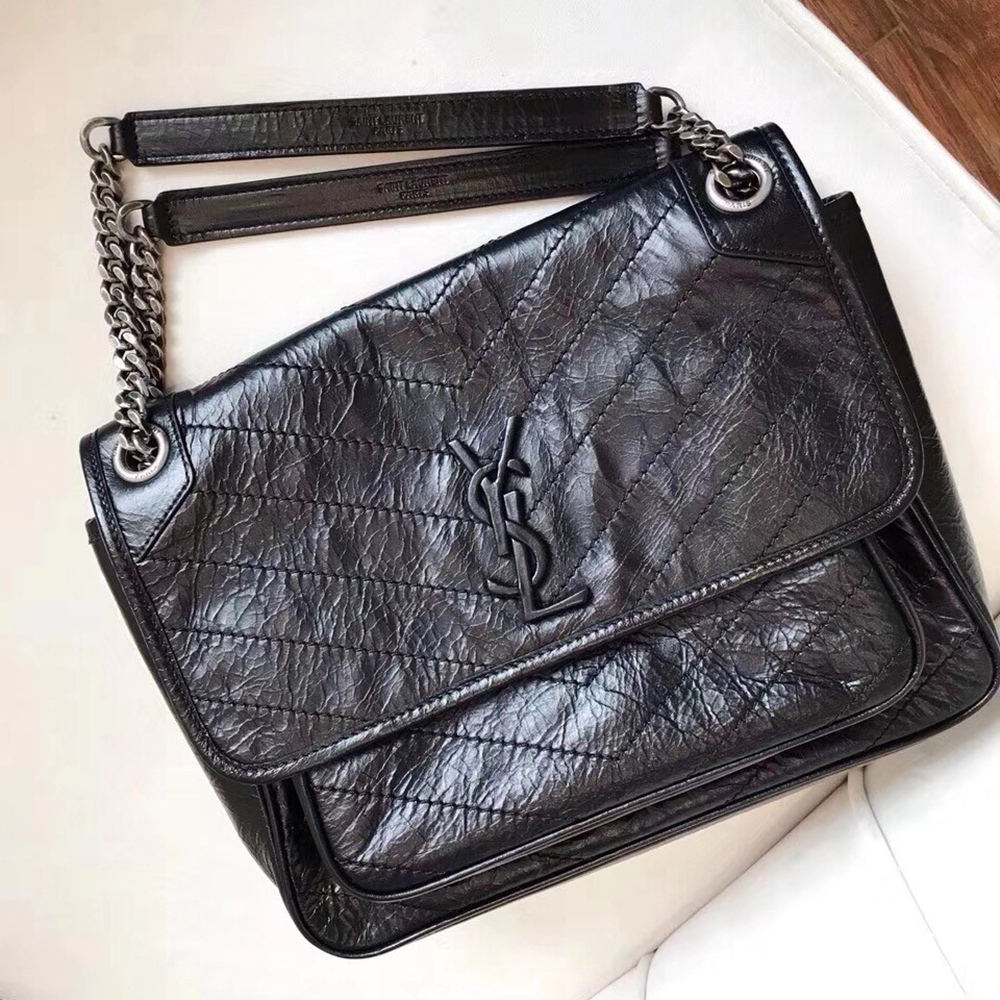 Saint Laurent Medium Niki Bag In Black Crinkled Leather YSLBS81234