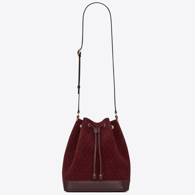 Saint Laurent Monogram All Over Bucket Bag In Bordeaux Suede YSLBS81028