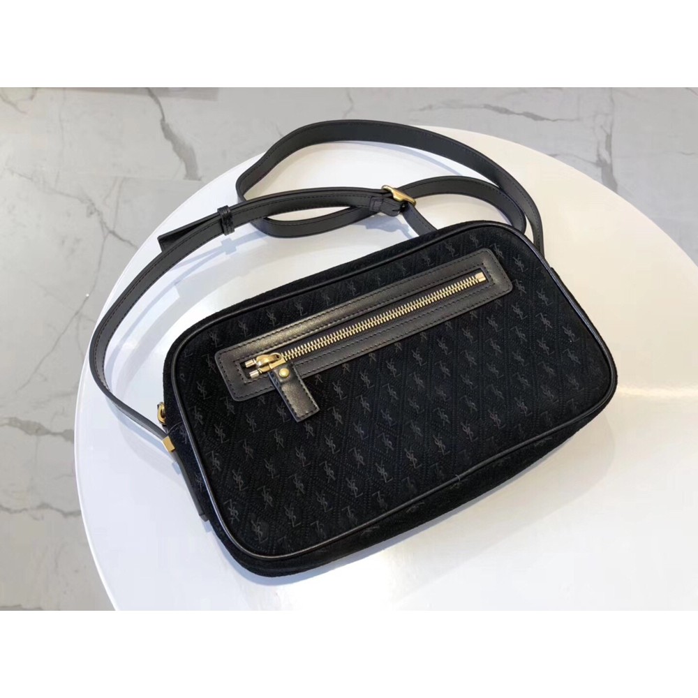 Saint Laurent Monogram All Over Camera Bag In Black Suede YSLBS81072