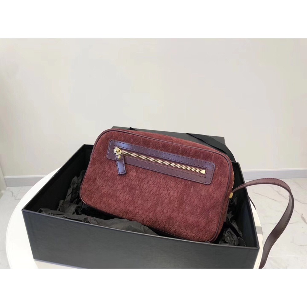 Saint Laurent Monogram All Over Camera Bag In Bordeaux Suede YSLBS81073