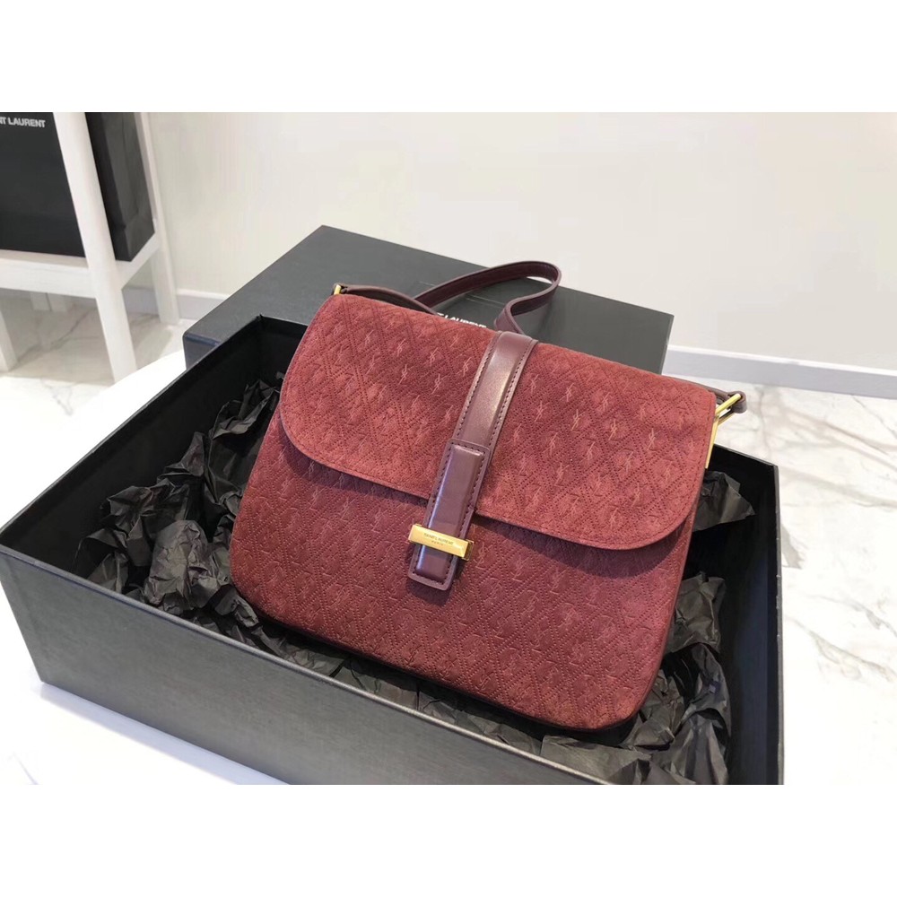 Saint Laurent Monogram All Over Small Satchel In Bordeaux Suede YSLBS81273