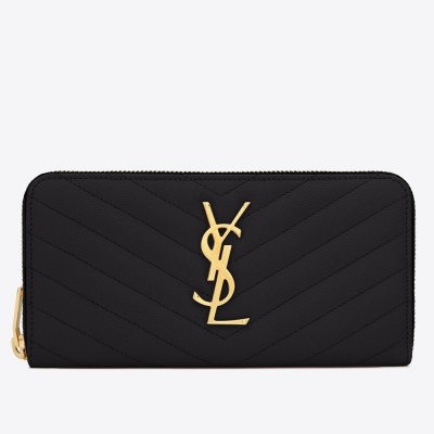 Saint Laurent Monogram Zip Around Wallet In Black Grained Leather YSLBS81429