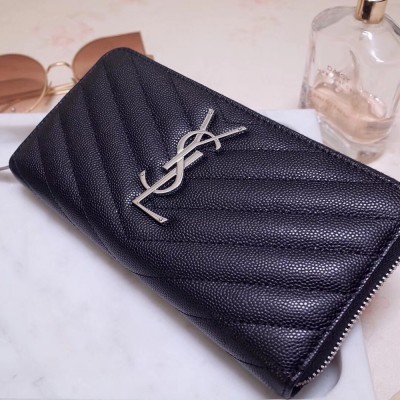 Saint Laurent Monogram Zip Around Wallet In Noir Grained Leather YSLBS81430