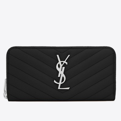 Saint Laurent Monogram Zip Around Wallet In Noir Grained Leather YSLBS81430