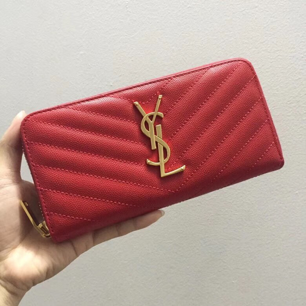 Saint Laurent Monogram Zip Around Wallet In Red Grained Leather YSLBS81432