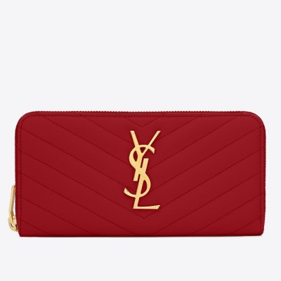 Saint Laurent Monogram Zip Around Wallet In Red Grained Leather YSLBS81432