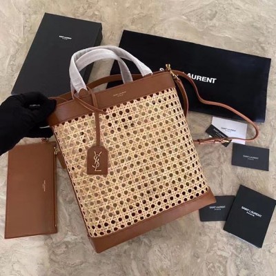 Saint Laurent N/S Toy Shopping Bag In Woven Cane And Leather YSLBS81394