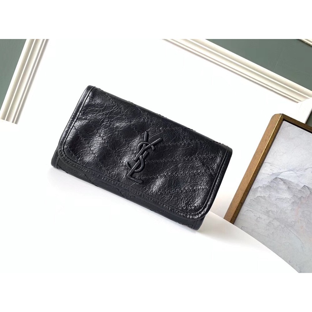 Saint Laurent Niki Large Wallet In Black Crinkled Vintage Leather YSLBS81433