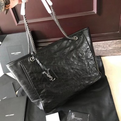 Saint Laurent Niki Shopping Bag In Black Crinkled Calfskin YSLBS81395