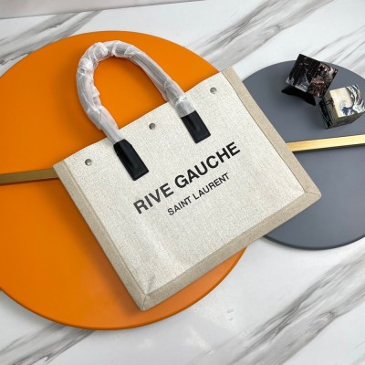 Saint Laurent Rive Gauche Small Tote Bag in White Linen and Leather YSLBS81397