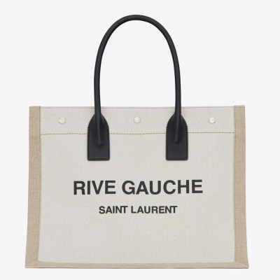 Saint Laurent Rive Gauche Small Tote Bag in White Linen and Leather YSLBS81397