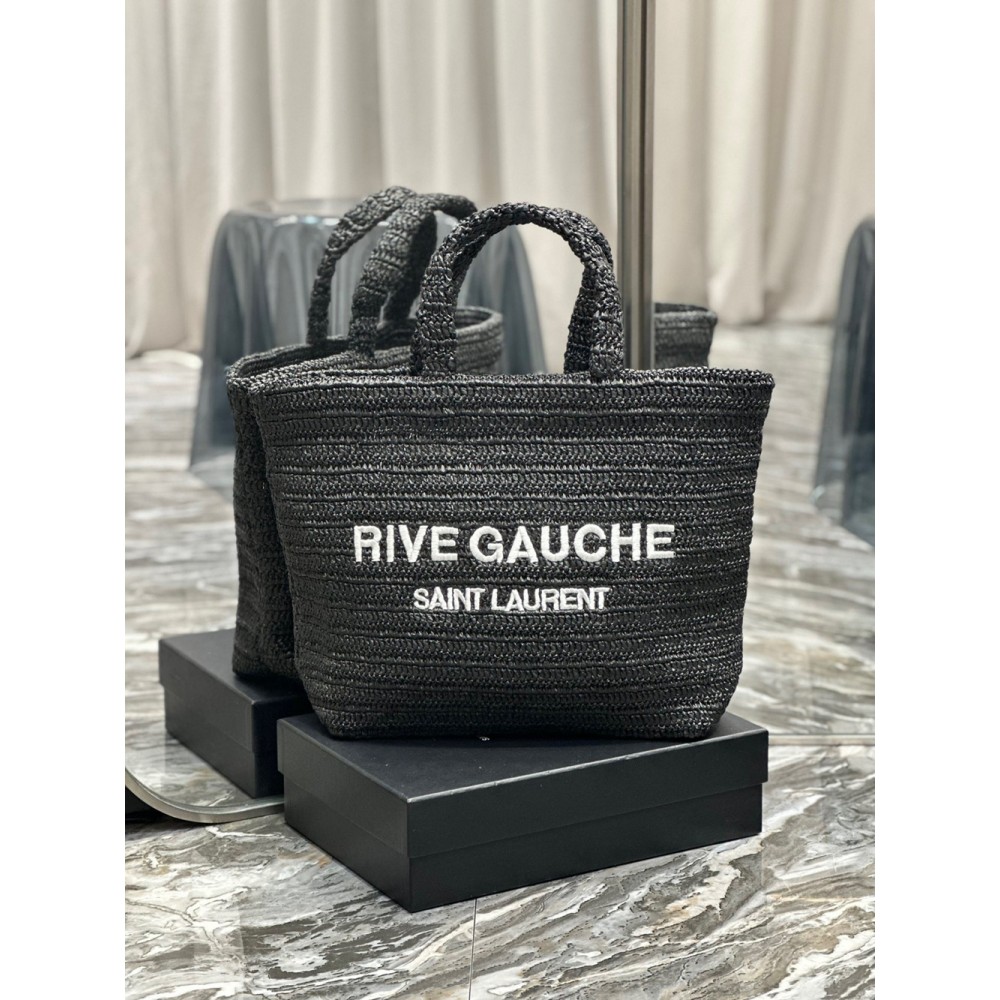 Saint Laurent Rive Gauche Tote Bag in Black Raffia Crochet YSLBS81401