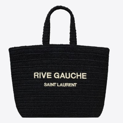 Saint Laurent Rive Gauche Tote Bag in Black Raffia Crochet YSLBS81401