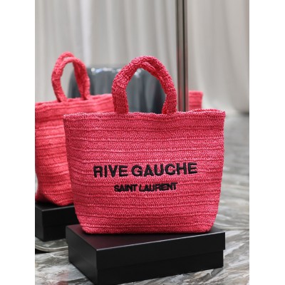 Saint Laurent Rive Gauche Tote Bag in Neon Pink Raffia Crochet YSLBS81402