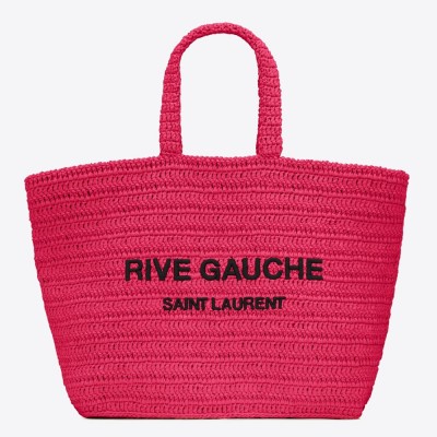 Saint Laurent Rive Gauche Tote Bag in Neon Pink Raffia Crochet YSLBS81402