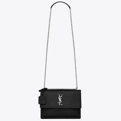 Saint Laurent Sunset Medium Bag In Black Crocodile Embossed Leather YSLBS81349