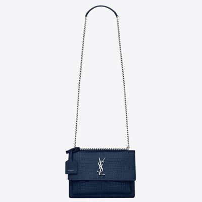 Saint Laurent Sunset Medium Bag In Blue Crocodile Embossed Leather YSLBS81351