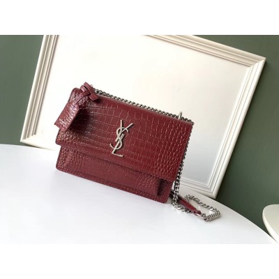 Saint Laurent Sunset Medium Bag In Bordeaux Crocodile Embossed Leather YSLBS81352