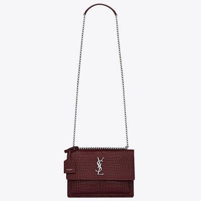 Saint Laurent Sunset Medium Bag In Bordeaux Crocodile Embossed Leather YSLBS81352