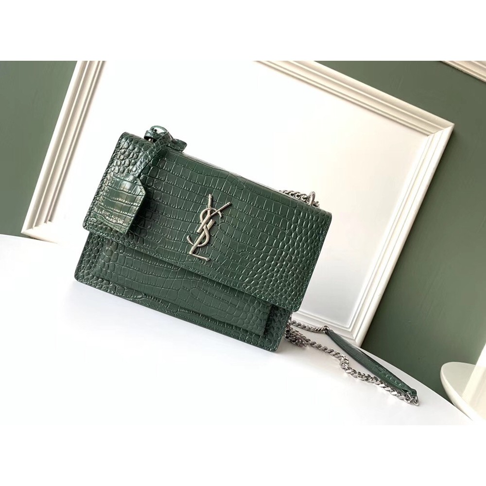 Saint Laurent Sunset Medium Bag In Green Crocodile Embossed Leather YSLBS81356