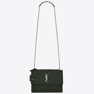 Saint Laurent Sunset Medium Bag In Green Crocodile Embossed Leather YSLBS81356