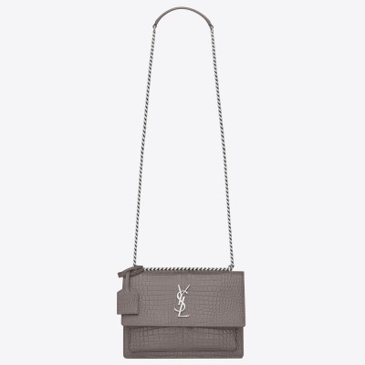 Saint Laurent Sunset Medium Bag In Grey Crocodile Embossed Leather YSLBS81357