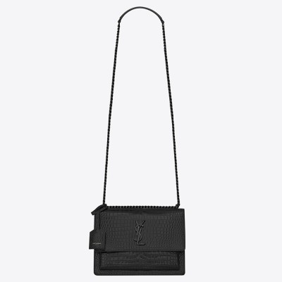 Saint Laurent Sunset Medium Bag In Noir Crocodile Embossed Leather YSLBS81359