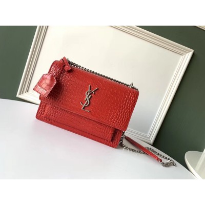 Saint Laurent Sunset Medium Bag In Red Crocodile Embossed Leather YSLBS81361