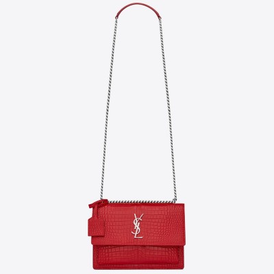 Saint Laurent Sunset Medium Bag In Red Crocodile Embossed Leather YSLBS81361