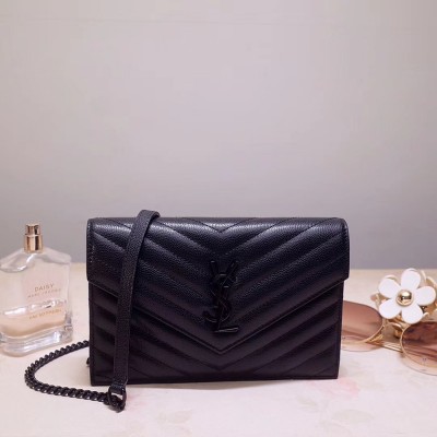 Saint Laurent WOC Envelope Chain Wallet All Black YSLBS81445