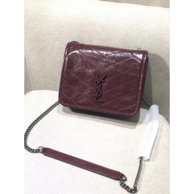 Saint Laurent WOC Niki Chain Wallet In Bordeaux Crinkled Leather YSLBS81457