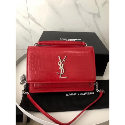 Saint Laurent WOC Sunset Chain Wallet In Red Croc-Embossed Leather YSLBS81467