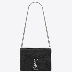 Saint Laurent Cassandra Clasp Bag In Black Croc-Embossed Leather YSLBS81062