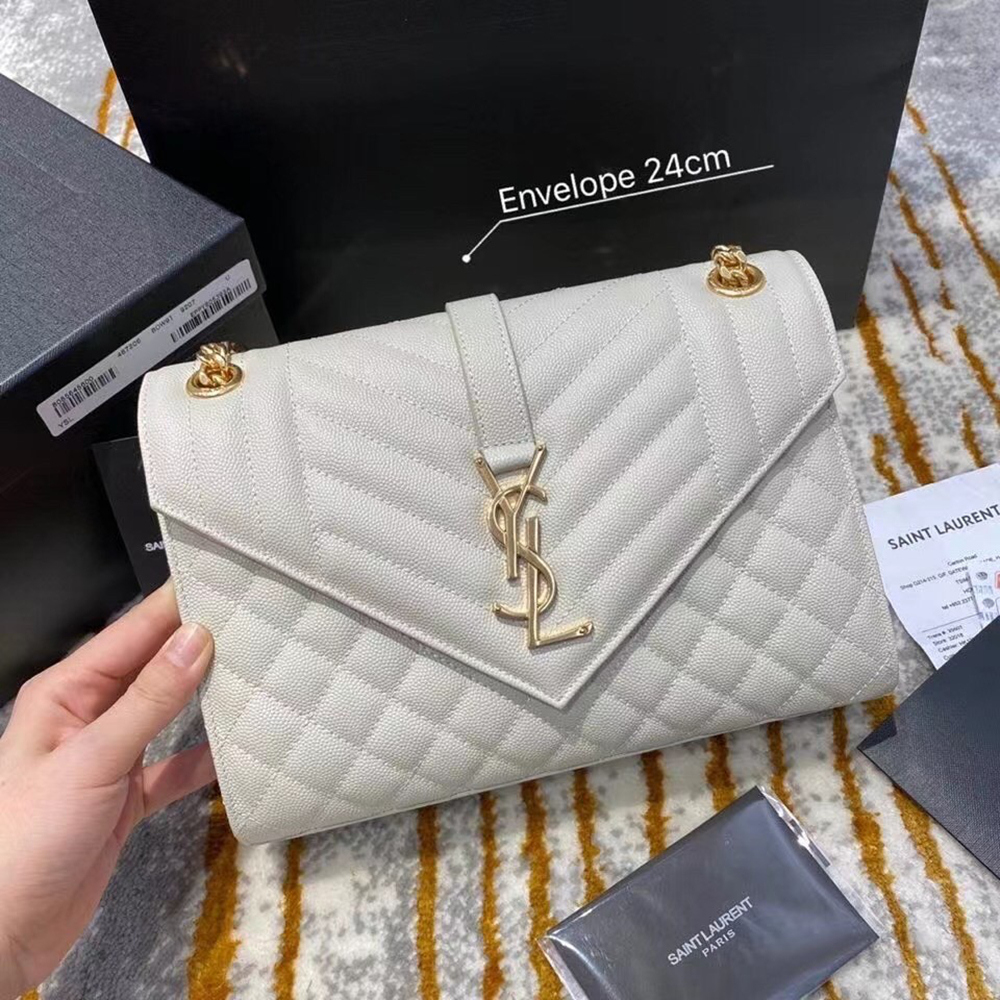 Saint Laurent Medium Envelope Bag In White Grained Leather YSLBS81249