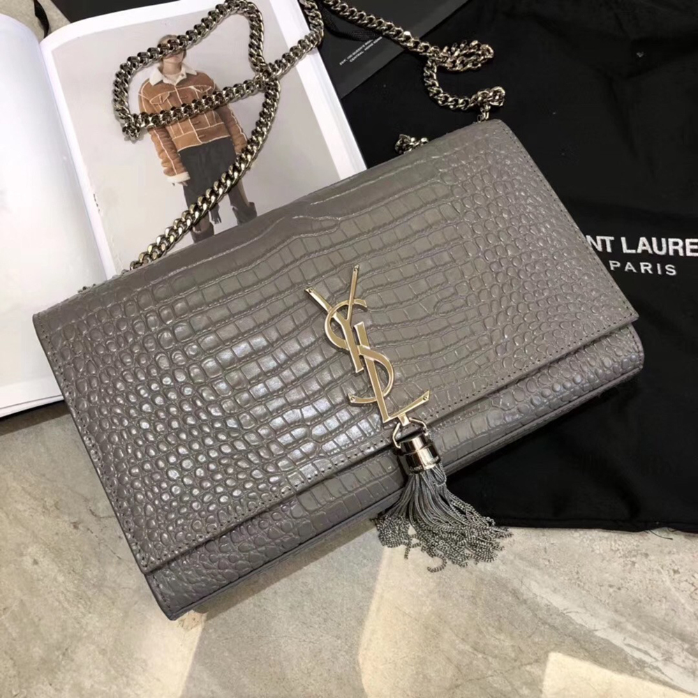 Saint Laurent Medium Kate Bag With Tassel In Storm Croc-Embossed Leather YSLBS81266